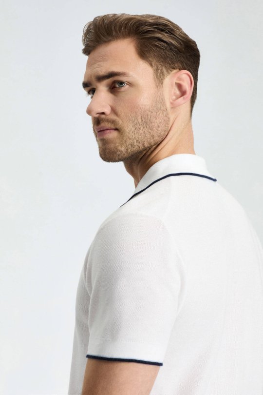 Fermuar Detaylı Beyaz Merserize Pamuk Triko Polo