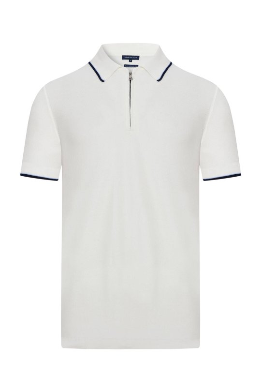 Fermuar Detaylı Beyaz Merserize Pamuk Triko Polo