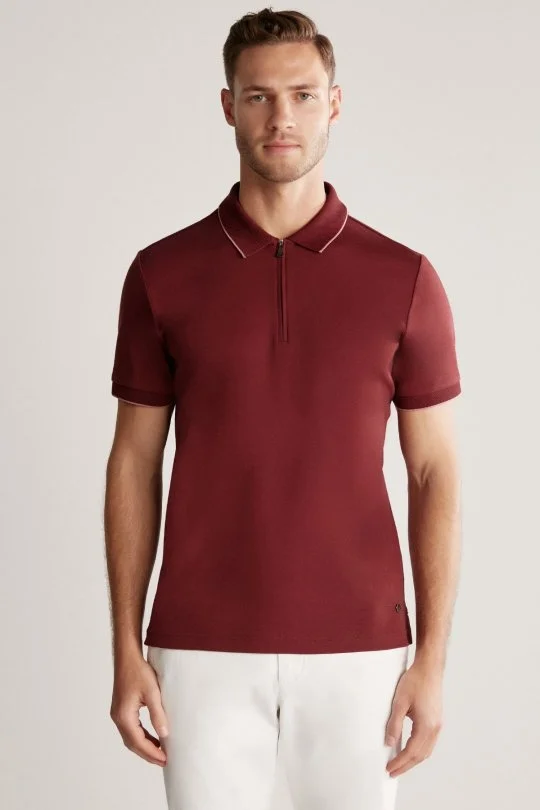 Hemington - Fermuar Detaylı Bordo Polo Yaka T-Shirt