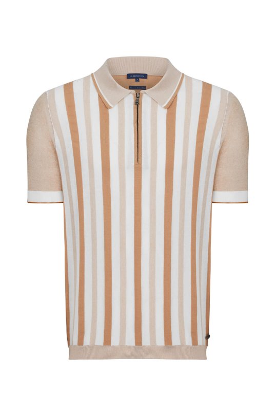 Fermuar Detaylı Çizgi Desen Krem Rengi Triko Polo