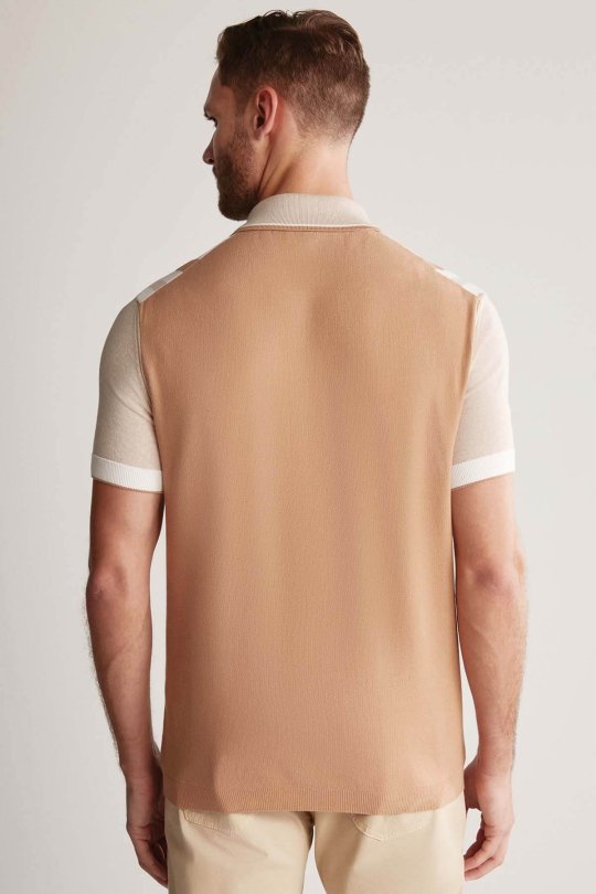 Fermuar Detaylı Çizgi Desen Krem Rengi Triko Polo