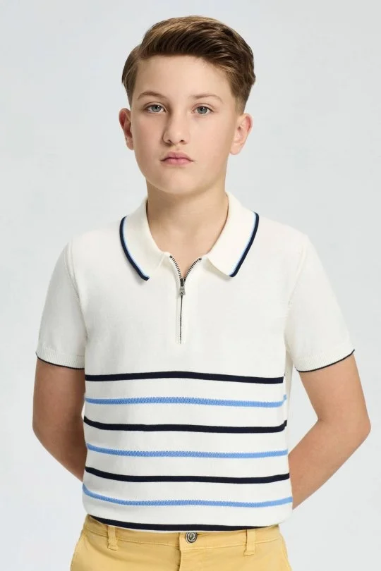 Hemington - Fermuar Detaylı Çizgi Desen Saf Pamuk Çocuk Triko Polo (3)