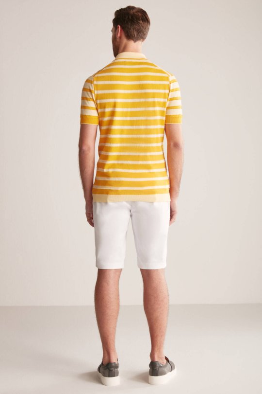 Fermuar Detaylı Çizgi Desen Sarı Triko Polo