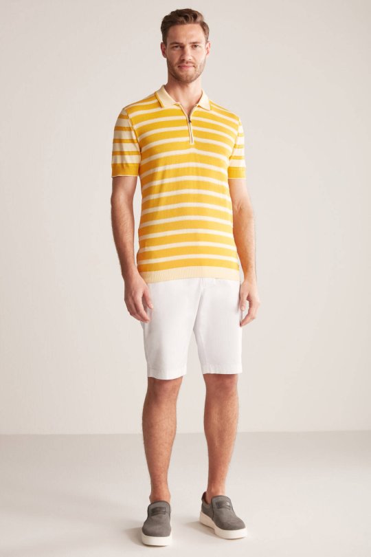 Fermuar Detaylı Çizgi Desen Sarı Triko Polo