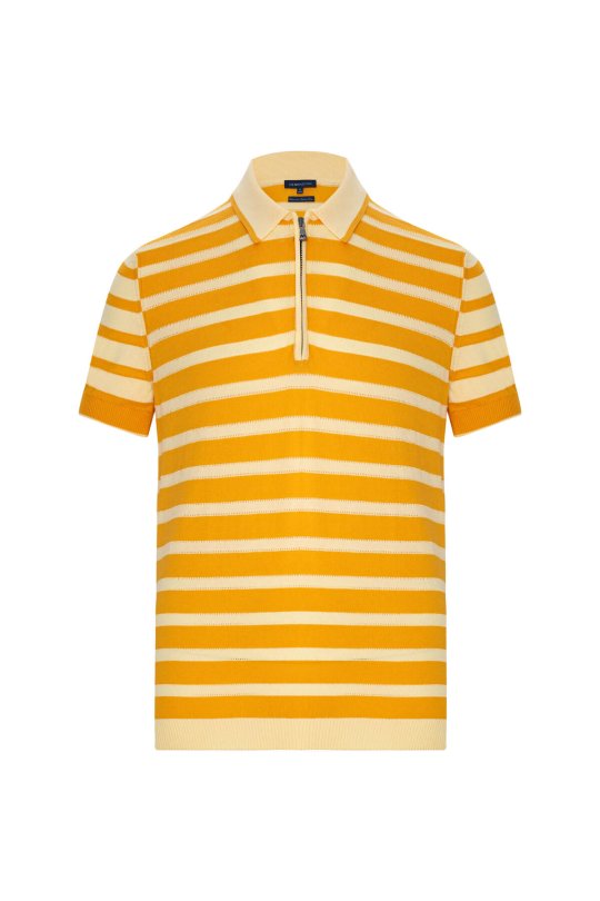 Fermuar Detaylı Çizgi Desen Sarı Triko Polo