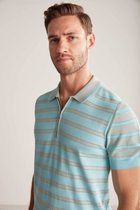 Fermuar Detaylı Çizgi Desen Turkuaz Triko Polo