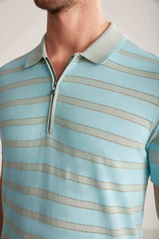 Fermuar Detaylı Çizgi Desen Turkuaz Triko Polo