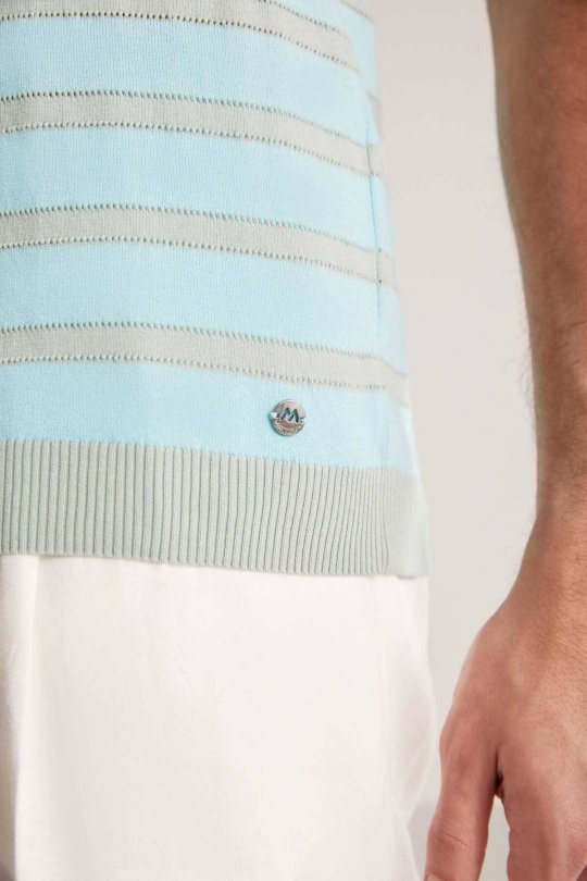 Fermuar Detaylı Çizgi Desen Turkuaz Triko Polo