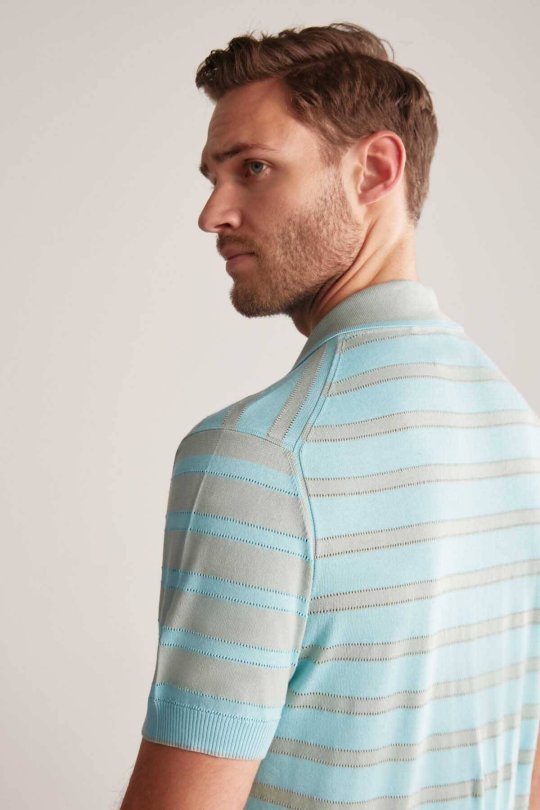 Fermuar Detaylı Çizgi Desen Turkuaz Triko Polo