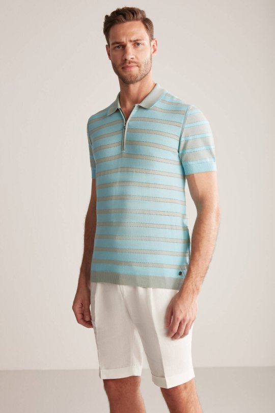 Fermuar Detaylı Çizgi Desen Turkuaz Triko Polo