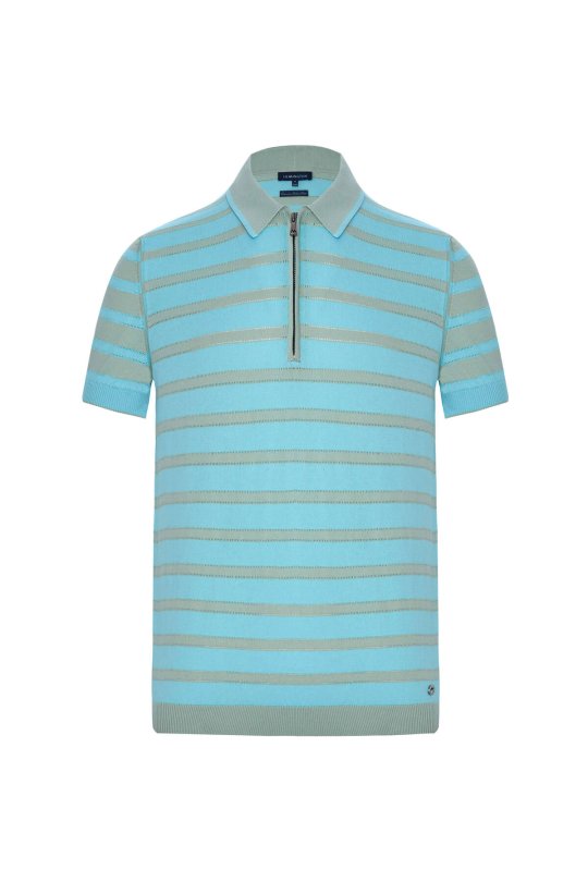 Fermuar Detaylı Çizgi Desen Turkuaz Triko Polo