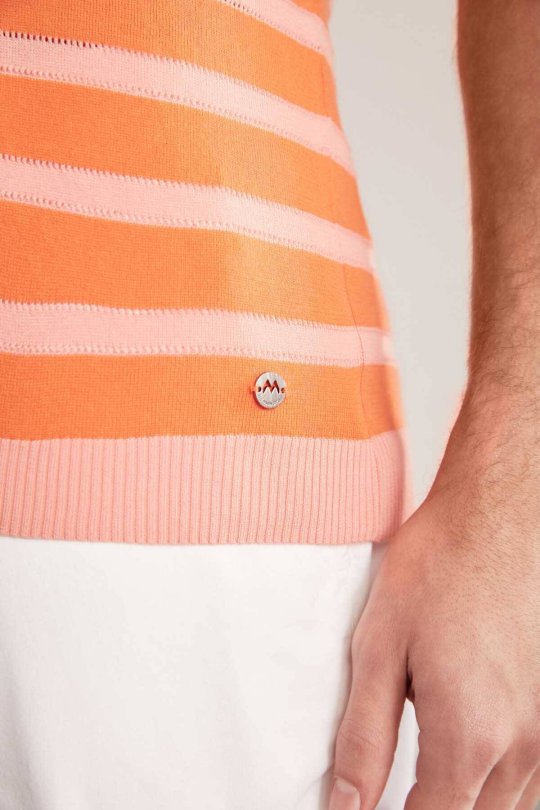 Fermuar Detaylı Çizgi Desen Turuncu Triko Polo