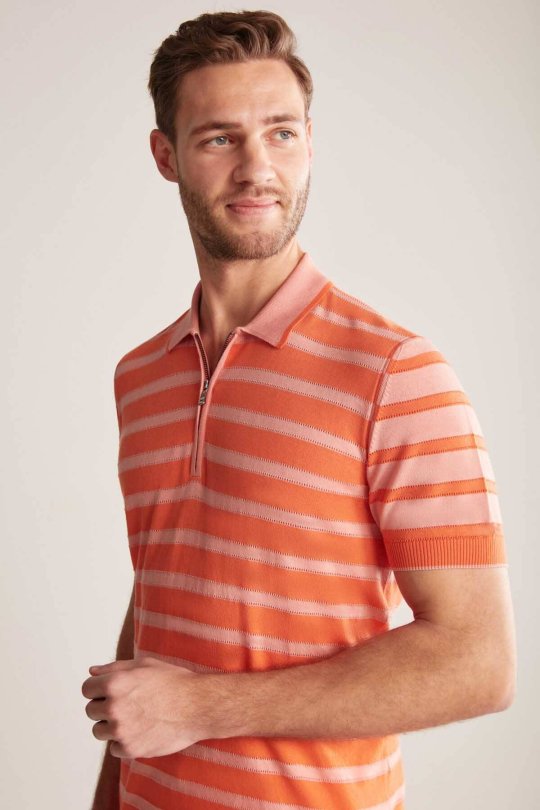 Fermuar Detaylı Çizgi Desen Turuncu Triko Polo