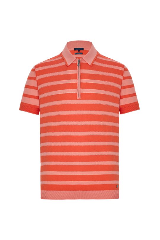 Fermuar Detaylı Çizgi Desen Turuncu Triko Polo