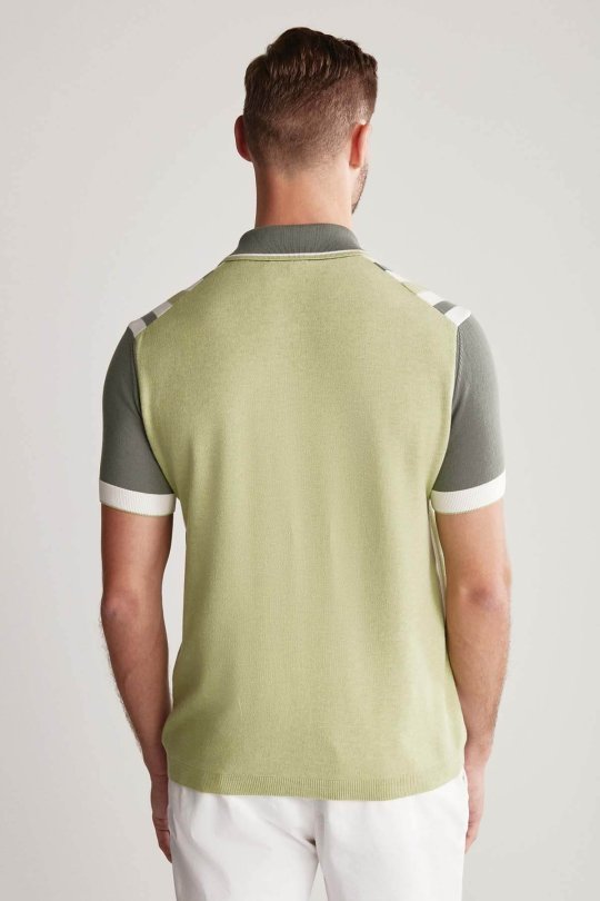 Fermuar Detaylı Çizgi Desen Yeşil Triko Polo