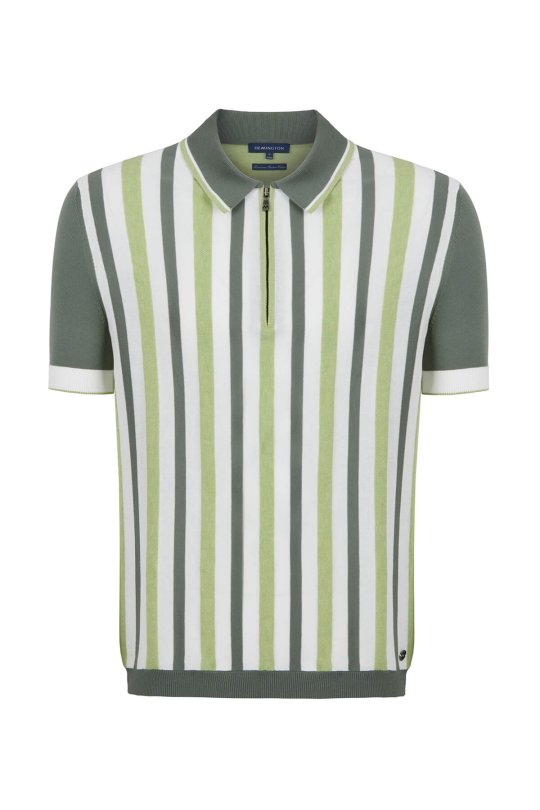 Fermuar Detaylı Çizgi Desen Yeşil Triko Polo