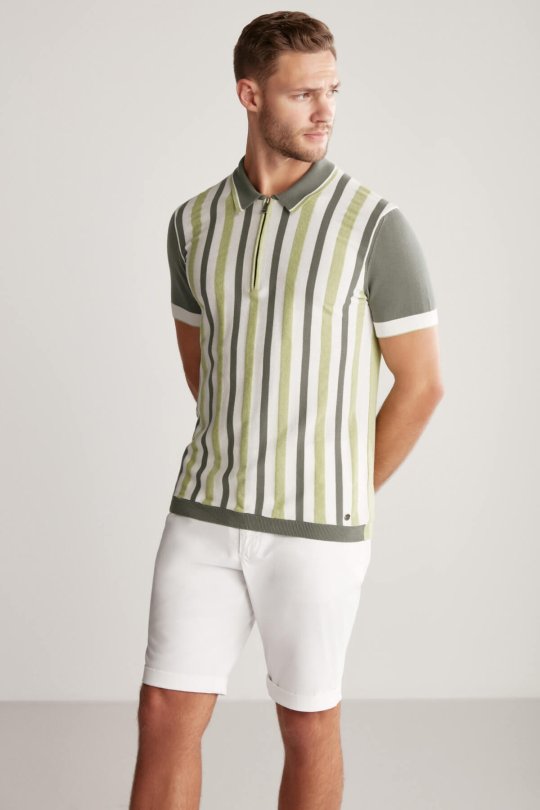 Fermuar Detaylı Çizgi Desen Yeşil Triko Polo