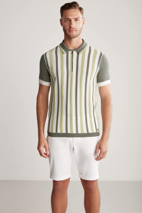 Fermuar Detaylı Çizgi Desen Yeşil Triko Polo
