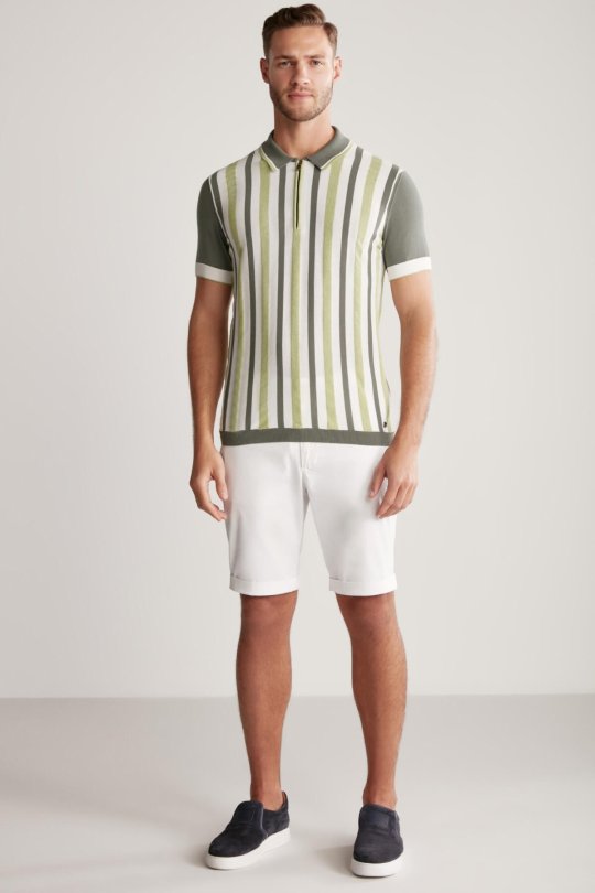 Fermuar Detaylı Çizgi Desen Yeşil Triko Polo