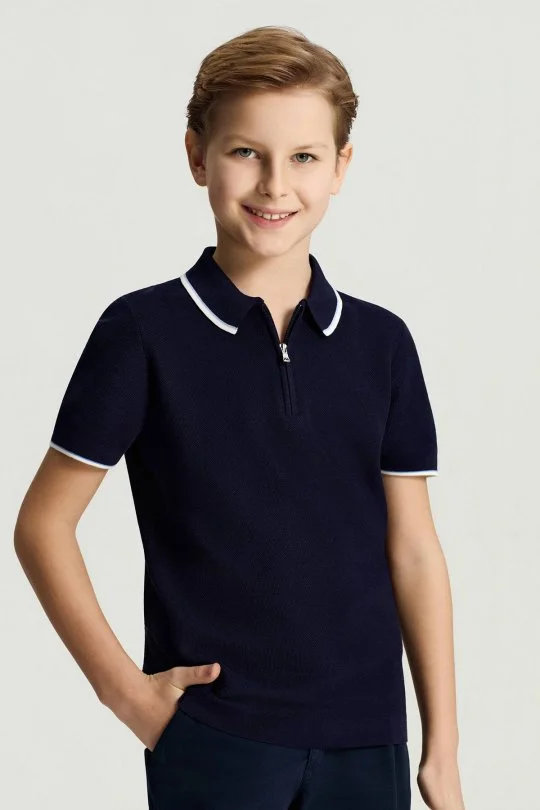 Hemington - Fermuar Detaylı Lacivert Merserize Pamuk Çocuk Triko Polo (1)