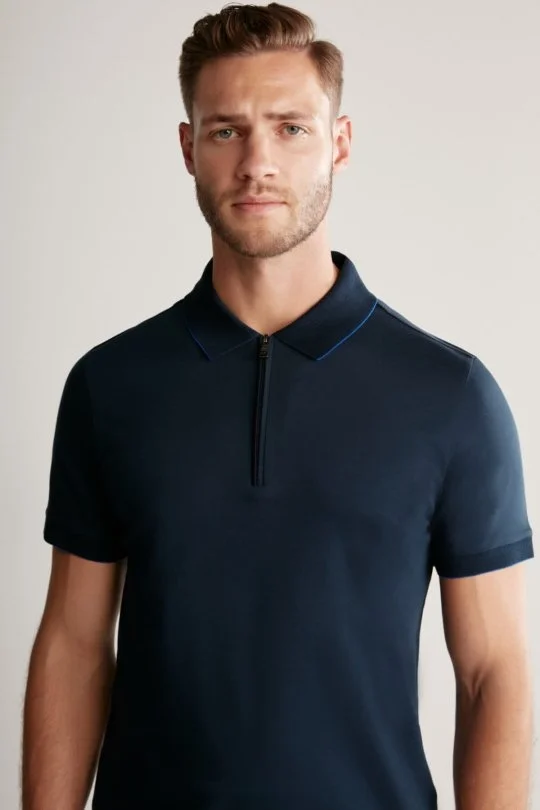 Hemington - Fermuar Detaylı Lacivert Polo Yaka T-Shirt