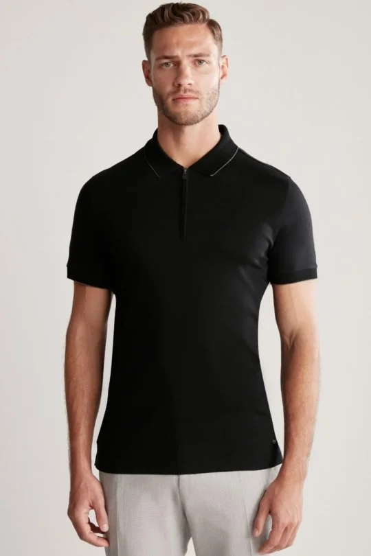 Hemington - Fermuar Detaylı Siyah Polo Yaka T-Shirt