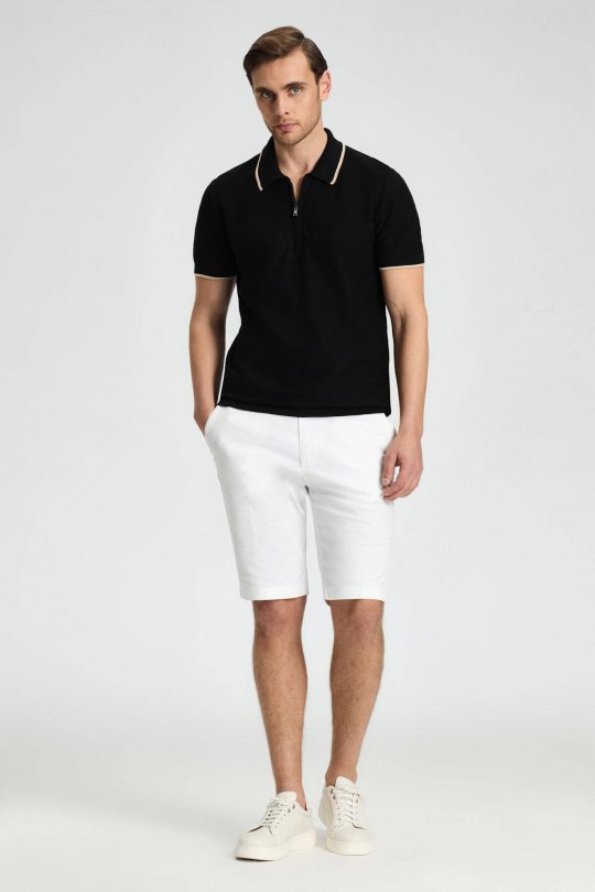 Fermuar Detaylı Siyah Merserize Pamuk Triko Polo