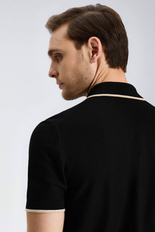 Fermuar Detaylı Siyah Merserize Pamuk Triko Polo