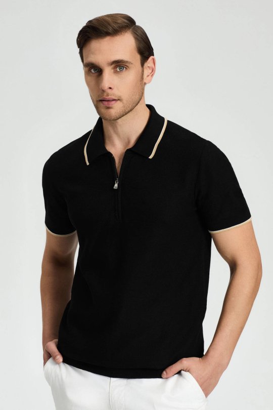 Fermuar Detaylı Siyah Merserize Pamuk Triko Polo