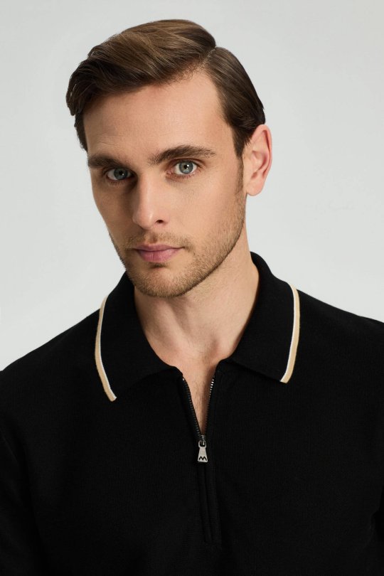 Fermuar Detaylı Siyah Merserize Pamuk Triko Polo