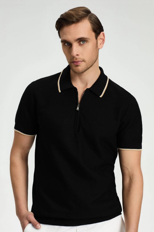 Fermuar Detaylı Siyah Merserize Pamuk Triko Polo