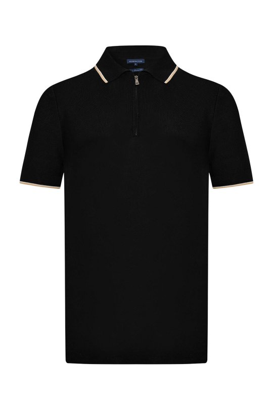 Fermuar Detaylı Siyah Merserize Pamuk Triko Polo