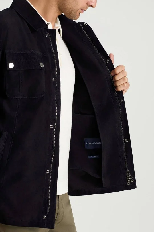 Fermuarlı Lacivert Deri Ceket