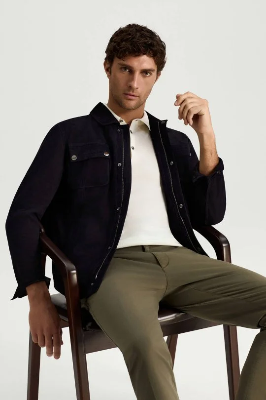 Fermuarlı Lacivert Deri Ceket