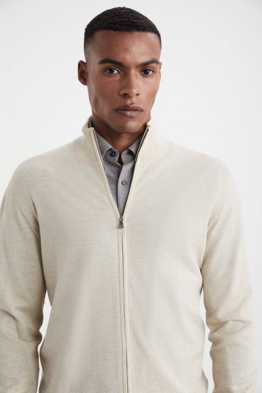 Extrafine Merino Fermuarlı Açık Bej Triko Hırka