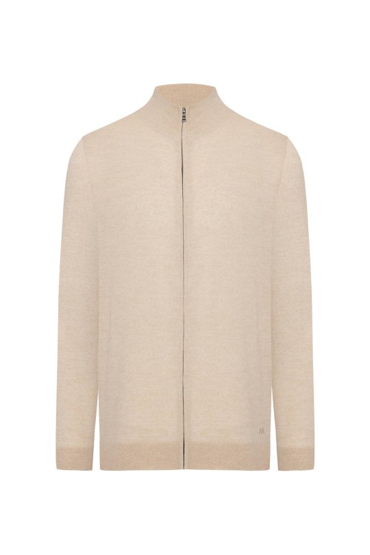 Extrafine Merino Fermuarlı Açık Bej Triko Hırka