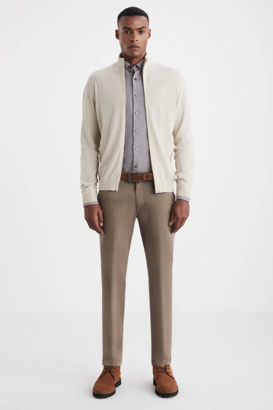 Extrafine Merino Fermuarlı Açık Bej Triko Hırka