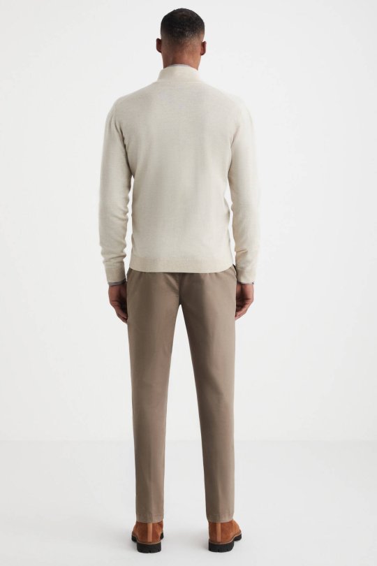 Extrafine Merino Fermuarlı Açık Bej Triko Hırka