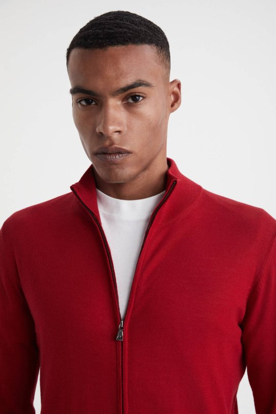 Extrafine Merino Fermuarlı Kırmızı Triko Hırka