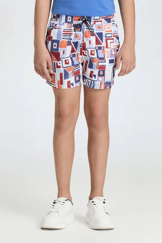 Hemington - Geometrik Desen Lacivert Turuncu Quick Dry Çocuk Mayo