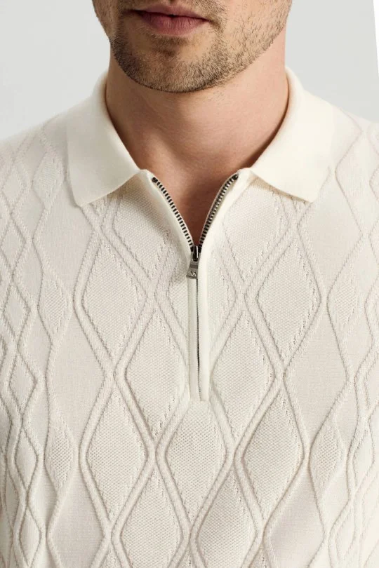 Giza Pamuk Argyle Desen Beyaz Triko Polo