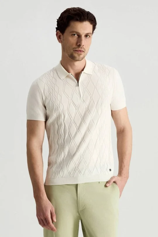 Giza Pamuk Argyle Desen Beyaz Triko Polo