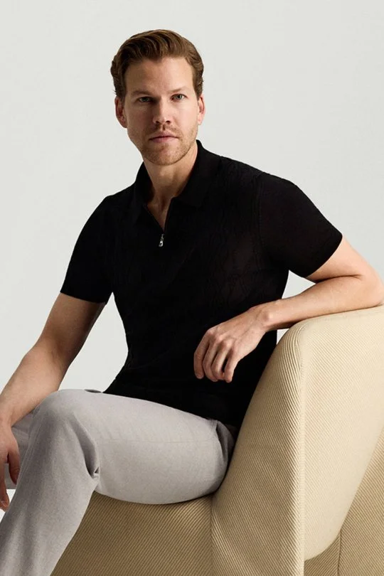 Giza Pamuk Argyle Desen Siyah Triko Polo