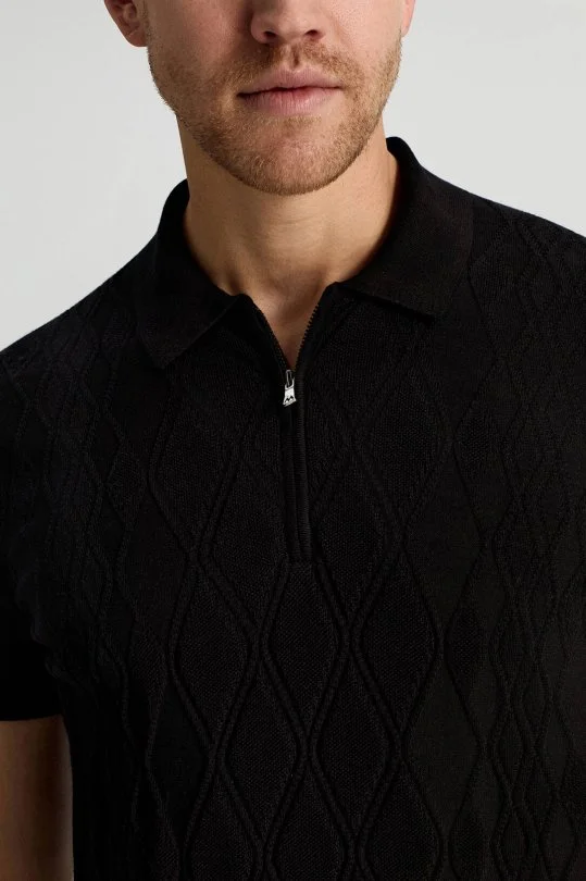 Giza Pamuk Argyle Desen Siyah Triko Polo