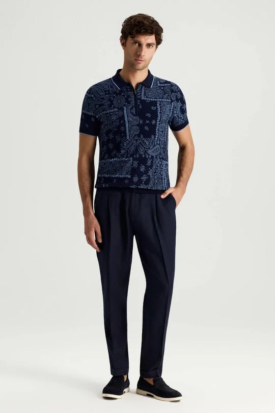 Hemington - Giza Pamuk Paisley Desen Lacivert-Mavi Triko Polo (2)