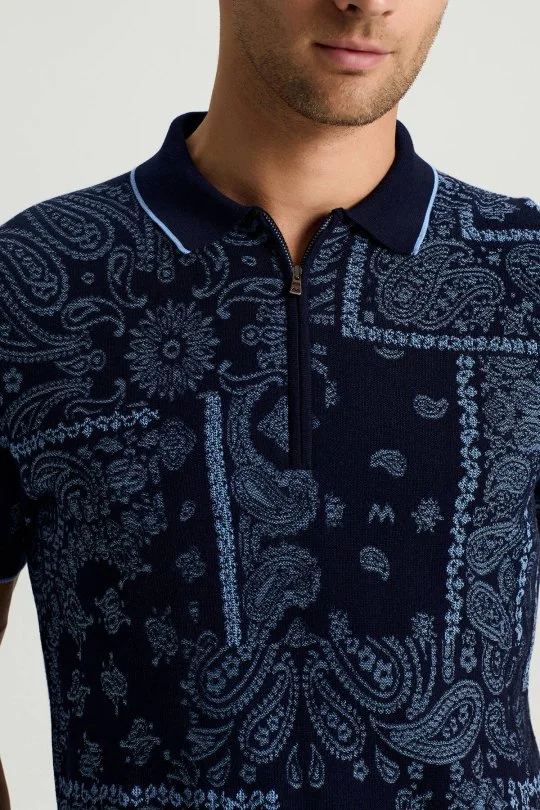 Hemington - Giza Pamuk Paisley Desen Lacivert-Mavi Triko Polo (3)