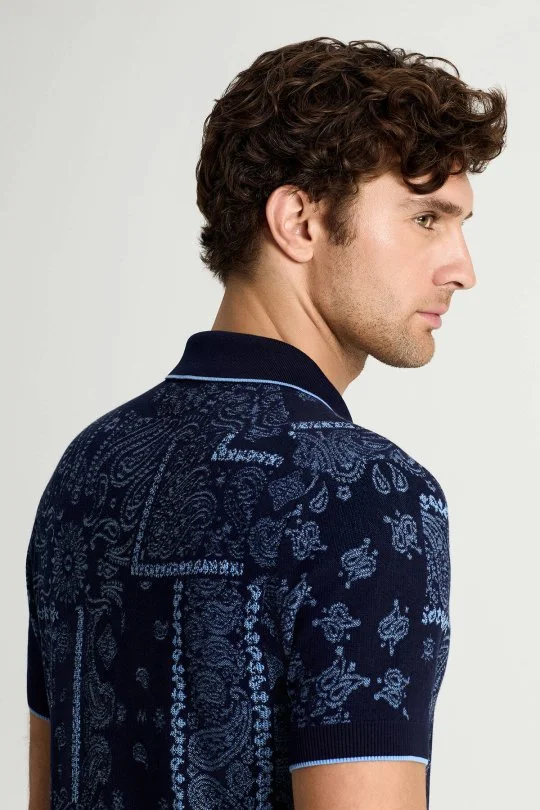 Hemington - Giza Pamuk Paisley Desen Lacivert-Mavi Triko Polo (4)