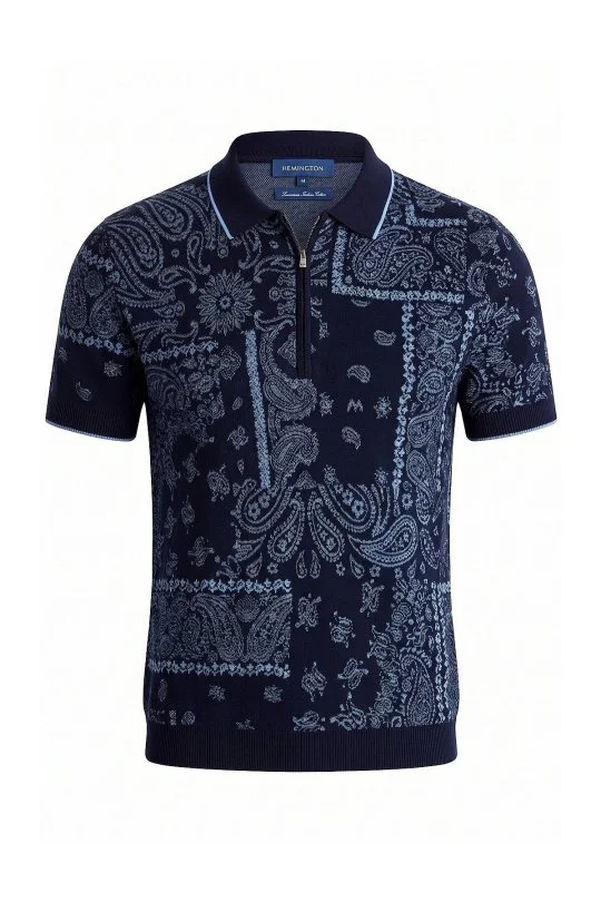 Hemington - Giza Pamuk Paisley Desen Lacivert-Mavi Triko Polo (6)