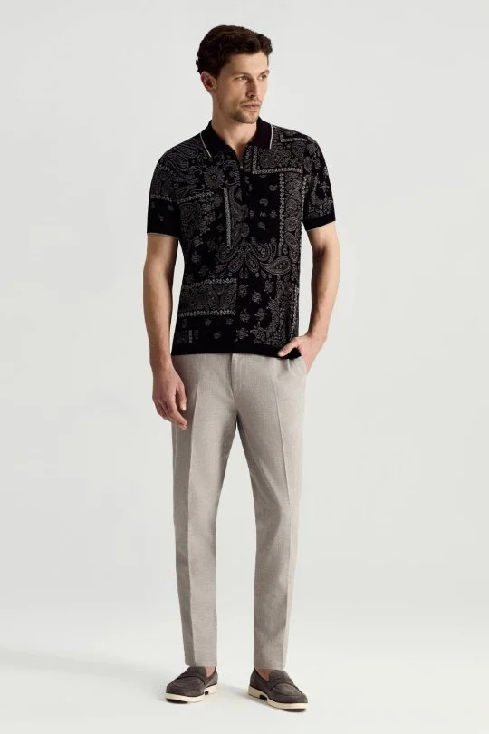 Hemington - Giza Pamuk Paisley Desen Siyah-Açık Gri Triko Polo (3)