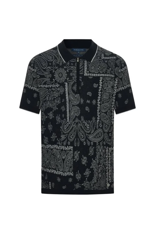 Hemington - Giza Pamuk Paisley Desen Siyah-Açık Gri Triko Polo (7)